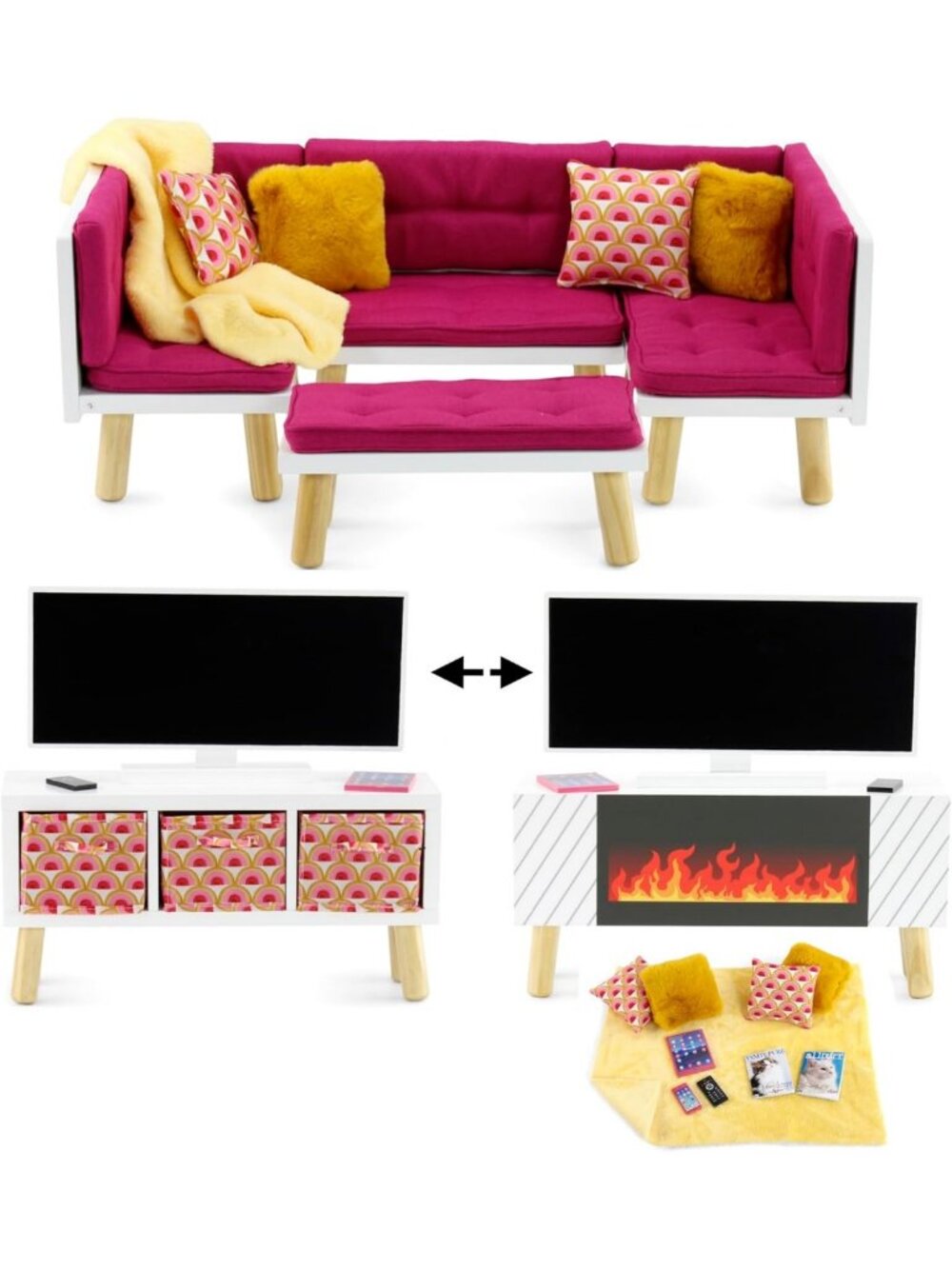 18" Doll Living Room Furniture Set - 19pc Wooden Sofa, TV & Fireplace